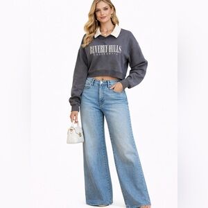 Hollister 90s y2k style coastal prep Oversized blue Crop collared Sweatshirt